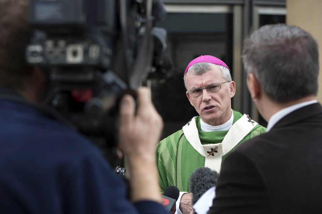Archbishop Timothy Costelloe speaks to media outside St Mary’s Cathedral at the launch of the Archdiocesan Safeguarding Project in 2015. Photo: Ron Tan