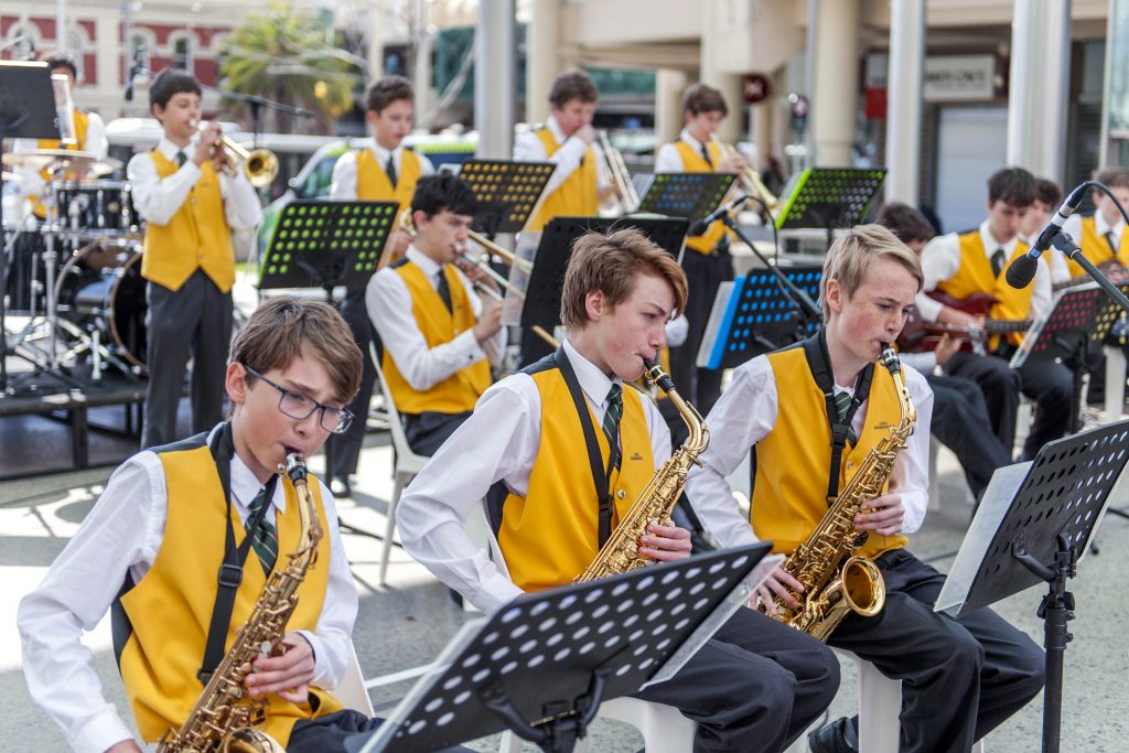 The Christian Brothers College Jazz Band, who participated in the Performing Arts Festival for Catholic Schools and Colleges, perform at the associated Carnevale event on 8 September. Photo: Supplied