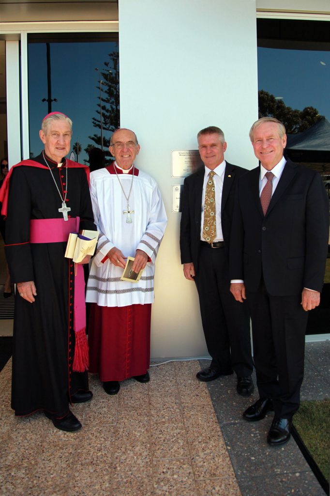 Emeritus Archbishop of Perth, Barry Hickey; Bishop of Geraldton, Justin Bianchini; Member for Geraldton, Ian Blayney, and Premier of Western Australia, Colin Barnett, at the opening of the Monsignor Hawes Heritage Centre. Photo: Supplied
