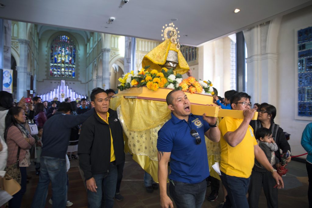 Worshippers chant “Viva la Virgin” (Long Live the Virgin) during the procession for the Feast of Our Lady of Penafrancia at St Mary’s Cathedral on Saturday, 17 September. Photo: Ron Tan