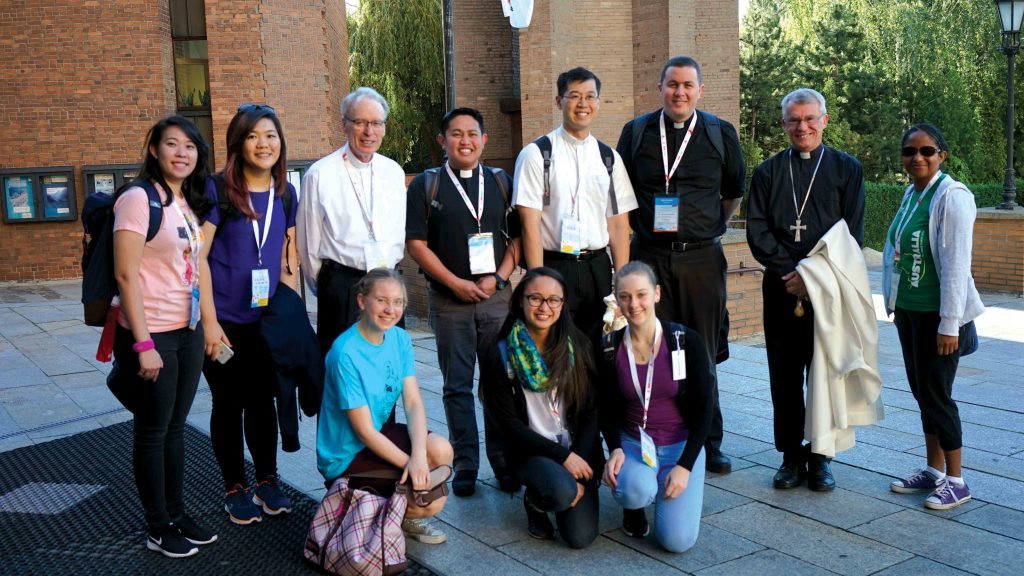 Bishop Don, third from left, with Fr Brennan Sia, fifth from left, Fr Mark Baumgarten, and Archbishop Timothy Costelloe, together with youth from Perth during World Youth Day festivities in Poland. Photo: Supplied