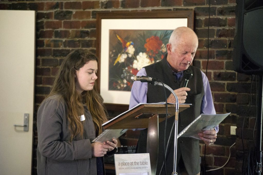 Annie Purbick from the Australian Young Christian Students and Jim Smith, former Executive Officer of the Catholic Social Justice Council, lead the 2016-2017 Social Justice Prayer, titled A Prayer for All Ages. Photo: Rachel Curry