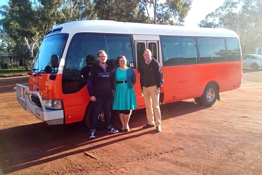 Mark O’Brien (right), has started running day tours to New Norcia to raise awareness of Australia’s only monastic town. He is pictured with tour guests Adam and Joleen Brown. Photo: Supplied