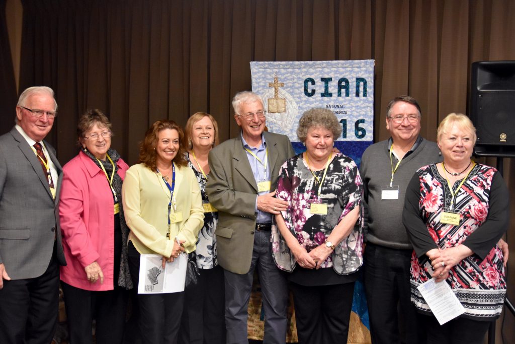 (L-R) RCIA organising committee Pat McManus, Helen Medina, Karen Hart, Sue Larsen, Roy Smith, Kathleen Smith, Stewart Bazzica and Suzanne Bazzica at the 2016 RCIA National Conference. Photo: Daniele Foti-Cuzzola