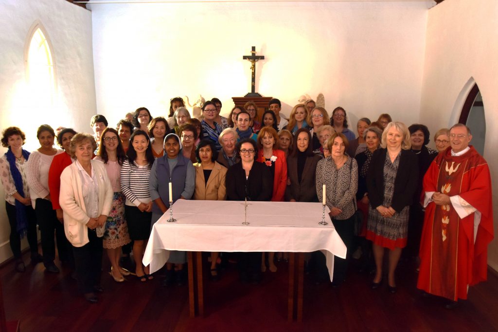 Parish Secretaries of Perth Archdiocese at the end of the Mass for the 2016 Parish Secretaries’ Reflection Day with organiser of the event, Executive Assistant to Archbishop Costelloe Jennifer Lazberger, (second from right) and Vicar General Fr Peter Whitely (right). Photo: Daniele Foti-Cuzzola