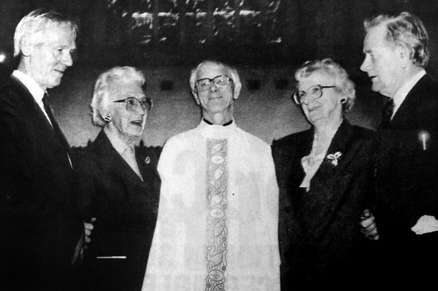 On the day of his ordination to the priesthood, Fr St John was reunited with his siblings after 55 years: (L-R) Michael St. John, Joan Simpson, Fr. Peter St. John, Evelyn Reidy and  Paul St John. Photo: Supplied