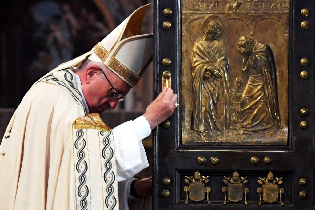 Pope Francis closes the Holy Door of St Peter's Basilica to mark the closing of the Jubilee Year of Mercy at the Vatican on 20 November. Photo: CNS/Tiziana Fabi, pool via Reuters