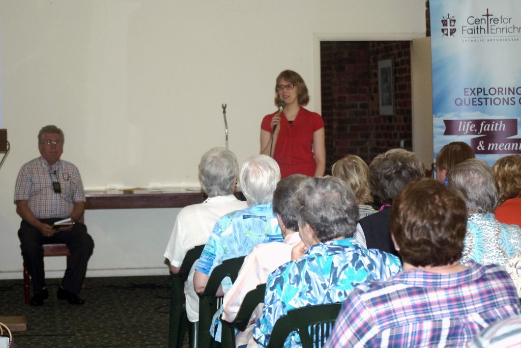 Centre for Faith Enrichment Director, Dr Michelle Jones, speaks at the lecture event held at the Redemptorist Monastery in North Perth, where eco-theologian Fr Sean McDonagh discussed Pope Francis’ encyclical Laudato Si. Photo: Caroline Smith