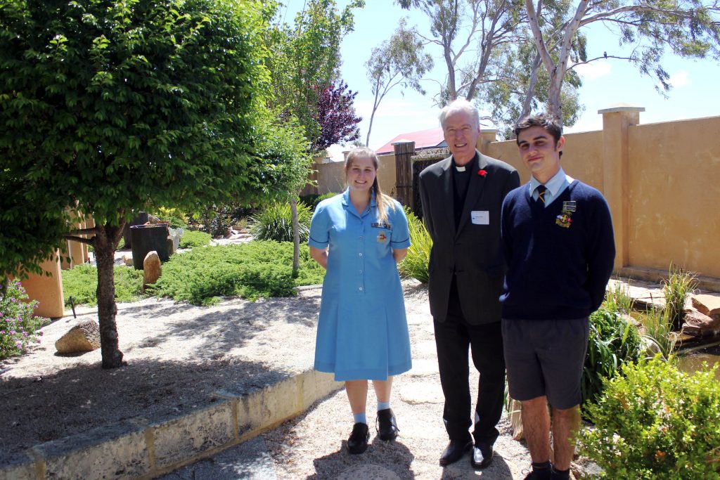Received into Kobe Catholic College by the two Ministry Captains, Jack Mulqueeney and Giorgia Priede, Auxiliary Bishop Donald Sproxton was invited to take a tour of the school along with St Bernadette in Port Kennedy Parish Priest, Fr Gavin Gomez. Photo: Supplied