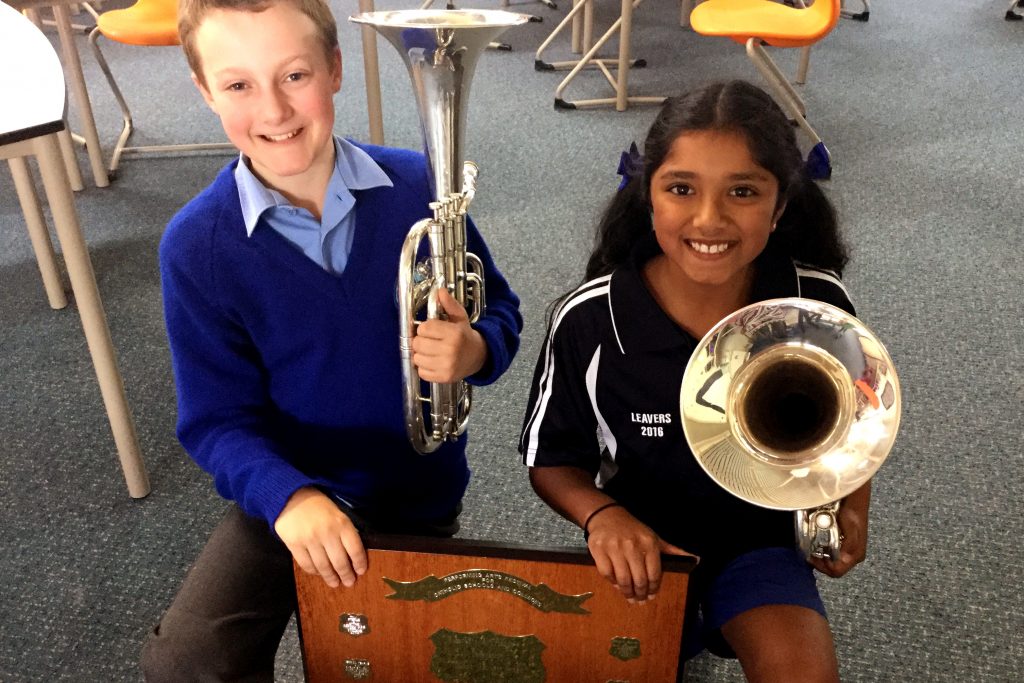 Brass duo Abigail Carlos and William Bennion were among the students from Orana Catholic Primary School who took home shields at the Performing Arts Festival for Catholic Schools, where Orana won the Zenith Award for the first time. Photo: Supplied