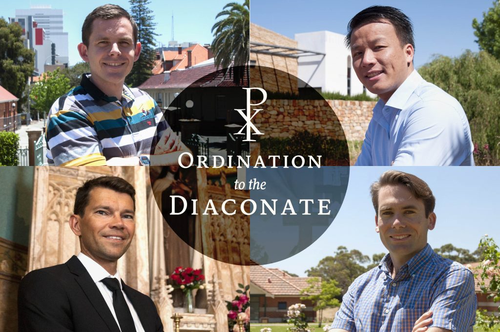 Tung Vu, Joseph Laundy, Mariusz Grzech and Konrad Gagatek will be ordained to the diaconate by Archbishop Timothy Costelloe at St Mary’s Cathedral in what is set to be a momentous occasion eagerly awaited by the Archdiocese of Perth. Photos: Marco Ceccarelli Artwork: Feby Plando