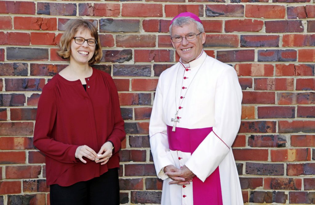 Archbishop Timothy Costelloe with Director of the Centre for Faith Enrichment, Dr Michelle Jones, at the afternoon tea following the Anniversary Mass celebrating the 40 years of the agency. Photo: Desire photography