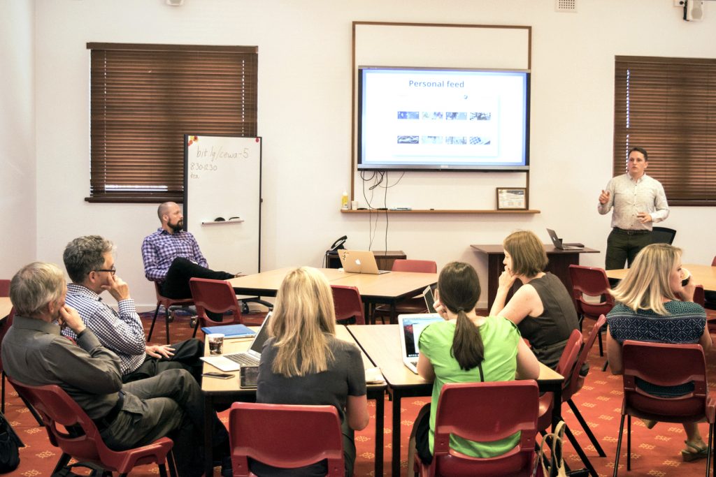 CEWA staff attentively follow instructions from a Claned team member during a workshop focused on improving the organisation’s digital future. Photo: Supplied