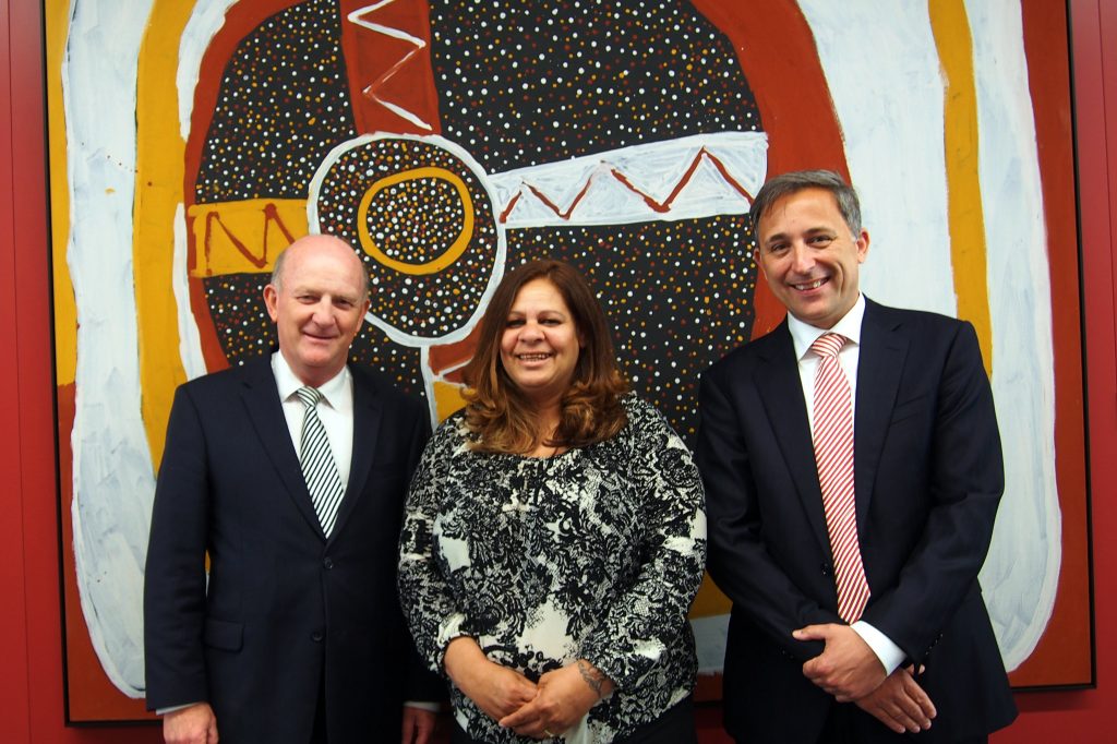 Dr Christine Clinch celebrates her history-making appointment with State Minister for Health John Day (left) and St John of God Midland Public Hospital CEO Dr Glen Power (right). Photo: Supplied
