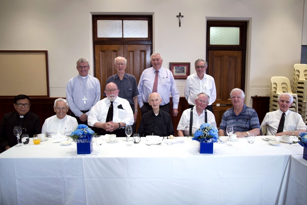 Some eight retired priests from across the Archdiocese of Perth last week gathered to celebrate Mass and a shared lunch with Perth Archbishop Timothy Costelloe (back row, first from left), Vicar for Clergy Fr Brian McKenna (back row, first from right) and Clergy Liaison Officer Brian Bonser (back row, third from left). Photo: Jamie O’Brien