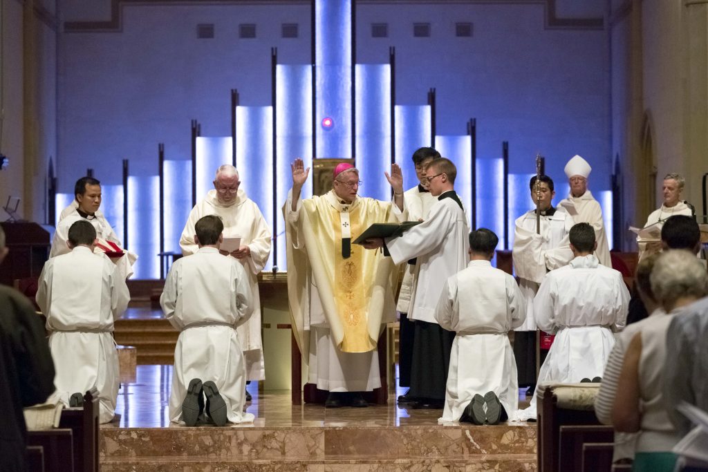 Archbishop Timothy Costelloe during the ordination to the diaconate of Rev Konrad Gagatek, Rev Mariusz Grzech, Rev Tung Vu and Rev Joseph Laundy on Friday 2 December at St Mary’s Cathedral. Photo: Ron Tan