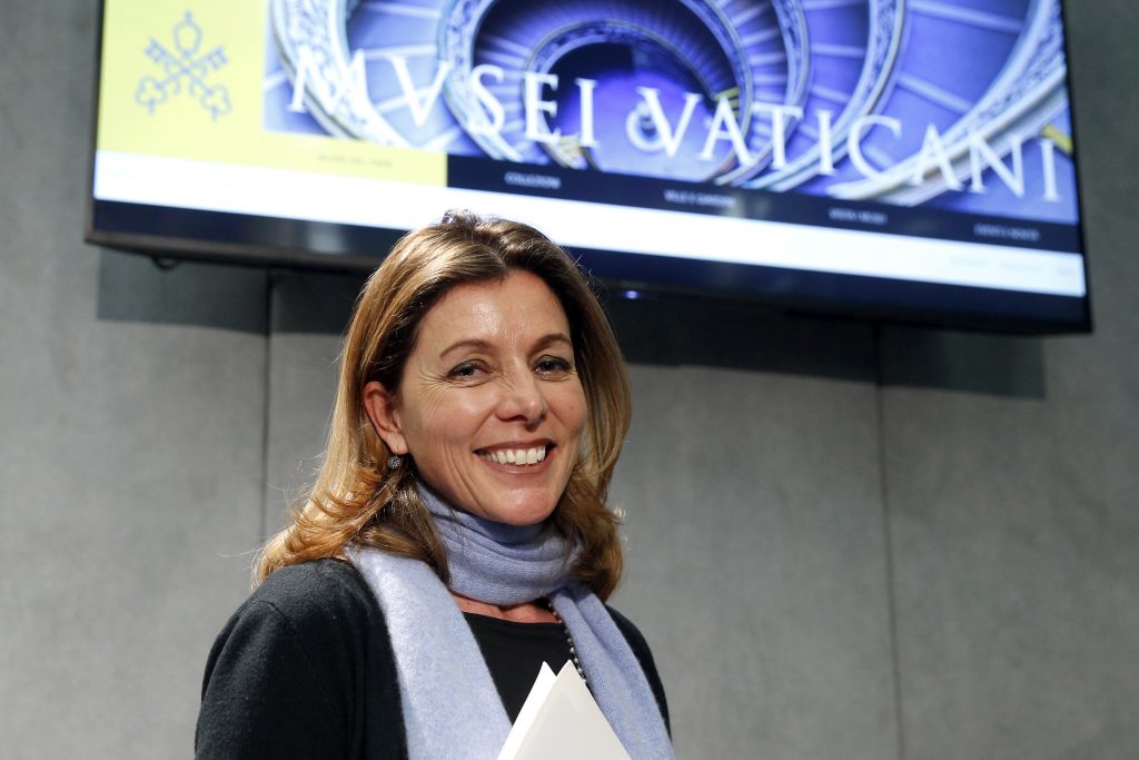 Barbara Jatta, the new director of the Vatican Museums, leaves a January 23 Vatican news conference at which the revamped, mobile-compatible website for the Vatican Museums was unveiled. Photo: Paul Haring