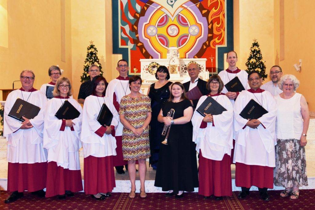 St Patrick’s Basilica choir with singers Eva-Marie Middleton and Christopher Waddell, musicians Professor Paul Wright and Tracey Harris, organist and Basilica Music Director Dominic Perissinotto, UNDA’s Dr Angela McCarthy, Diocesan Director for Catholic Mission Francis Leong (back row second right) and, Donor Relations Officer for Catholic Mission, Katie Hunt (front row, fourth right). Photo: Caroline Smith