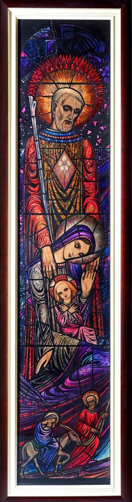 An authentically made piece of artwork by renowned Irish leadlight artist Richard King was recently donated to South Perth Parish of St Columba’s by Monsignor Brian O’Loughlin. The original cartouche (drawing in scroll form) of one of the existing sanctuary leadlight windows arrived at the parish, framed and conserved, on the Fourth Sunday of Advent to complement the one currently on display. Photo: Gary Peters