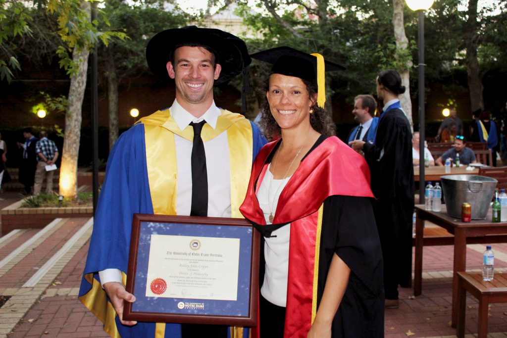 Dr Ashley Cripps was conferred a PhD in Health Sciences at Notre Dame’s Graduation Ceremony. Pictured with Dr Kate Howell, HDR Education Coordinator. Photo: Ron Tan