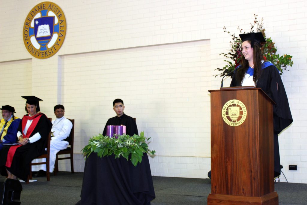 Hannah Kolbusz delivers the Farewell Address on behalf of her graduating cohort. Photo: Ron Tan