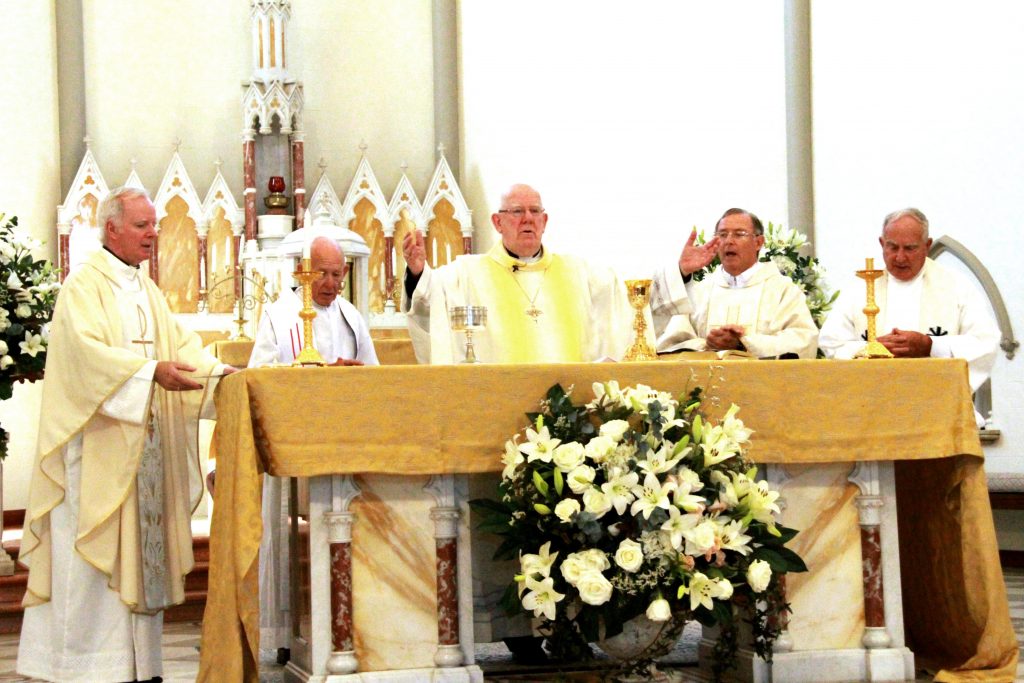 Bishop of Bunbury Gerard Holohan (centre) celebrates Mass to commemorate the Bicentenary of the Marist Brothers, with (left to right) Subiaco Parish Priest Father Joseph Walsh, Baldivis Parish Priest Fr Geoff Aldous, Vicar General Fr Peter Whitely and retired priest Fr Pat Rooney. Photo: Supplied