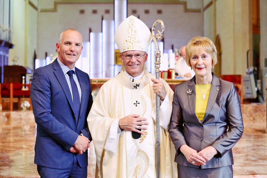 Executive Director of Catholic Education WA (CEWA) Dr Tim McDonald with Perth Archbishop Timothy Costelloe and Honourable Governor of Western Australia Kerry Sanderson at the recent commissioning Mass for new staff. Photo: Supplied