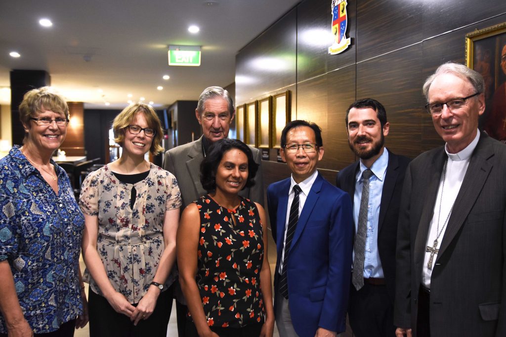 Foundation scholarship committee member, Michele Purcell; Former Director of the CFE, Dr Michelle Jones; Emeritus Archbishop Barry Hickey, scholarship winners Dr Marissa Wettasinghe and Dr Lawrence Pang; CFE Director Dr Marco Ceccarelli and Auxiliary Bishop Donald Sproxton. Photo: Josh Low