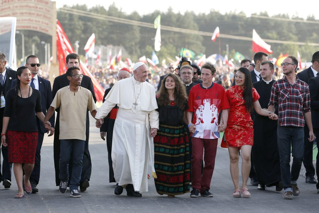Pope Francis with young people at the World Youth Day Vigil in Krakow last year. Photo: CNS/Paul Haring