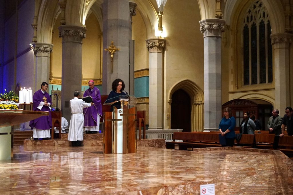 Focolare member Monica Mangiapia reads the Prayers of the Faithful at the 18 March Mass for the ninth anniversary of the death of Focolare founder Chiara Lubich. Photo: Supplied