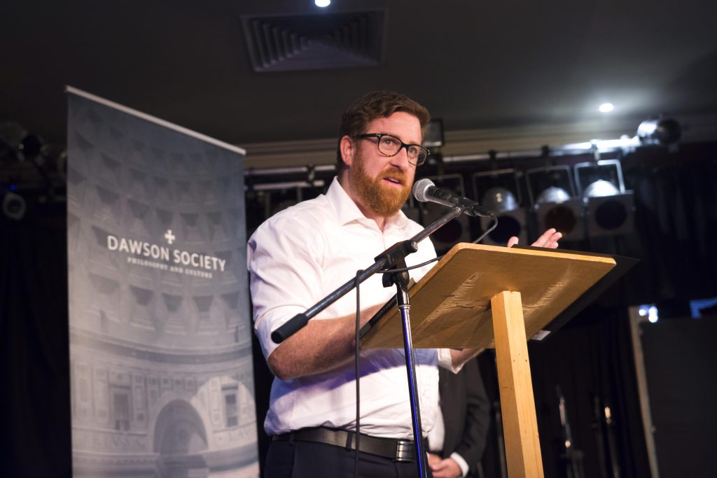 Dawson Society Co-ordinator Tom Gourley speaks to the audience at the conclusion of Archbishop Timothy Costelloe’s Address on Pope Francis’ Apostolic Exhortation, Amoris Laetitia on Tuesday 28 March. Photo: Josh Low.