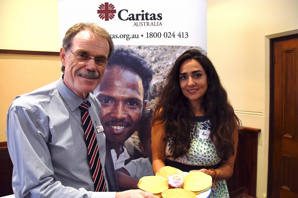 Caritas Australia’s newly appointed Director of the Perth Office, Deacon Paul Reid, and Justice Educator for Western Australia, Anita Finneran at the Shrove Tuesday Pancake Lunch