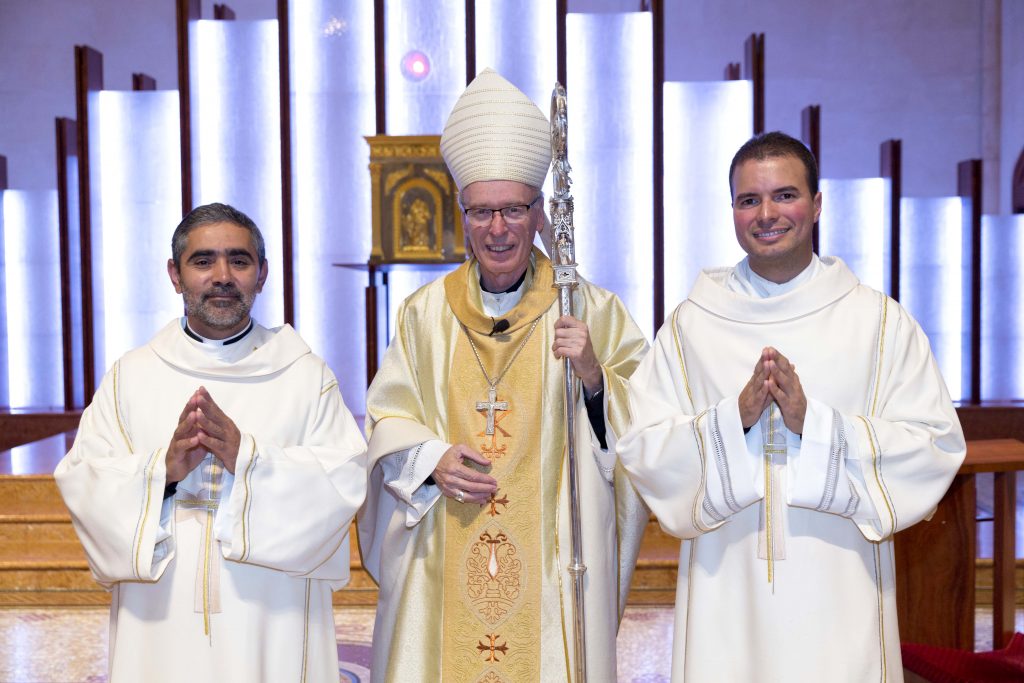 Deacons Patricio Carrera Morales and Kenneth Acosta Garcia with Auxiliary Bishop Donald Sproxton following their Ordination to the Diaconate on Friday 31 March at St Mary’s Cathedral, Perth. Photo: Ron Tan