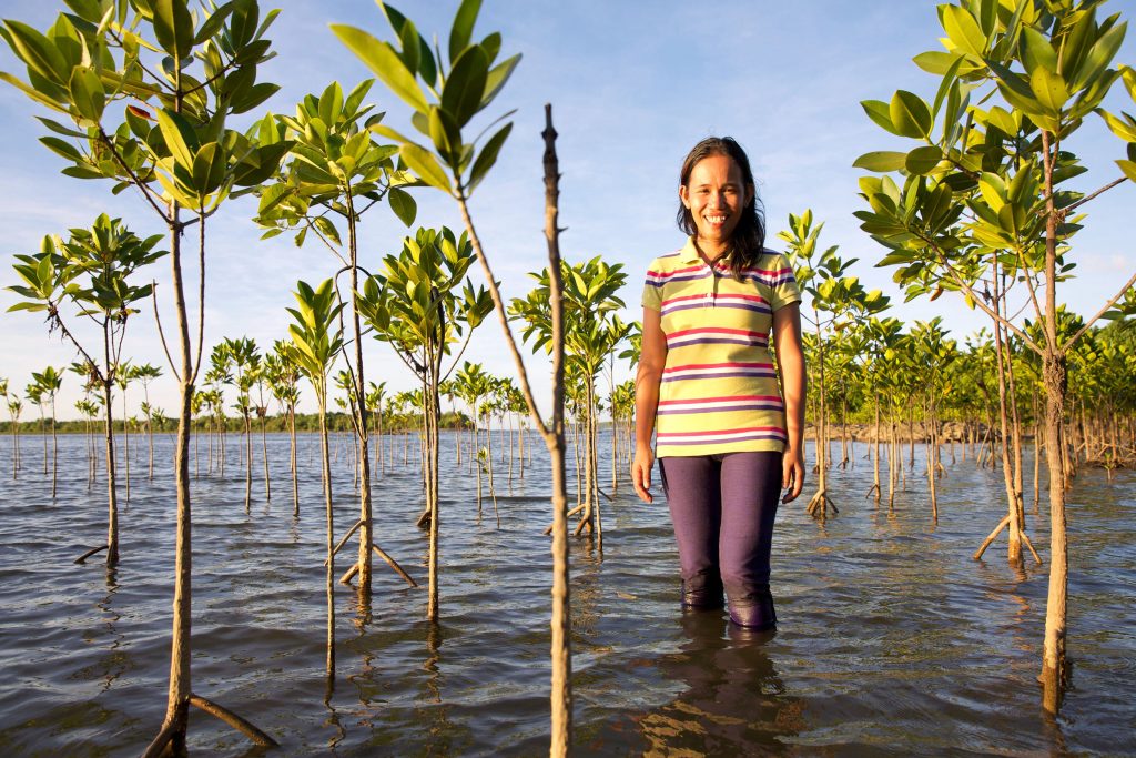 Aloma Desquitado (36) standing next to mangroves grown in the Community Mangrove Nursery and planted by Baranguy Pag-Asa community members. Photo: Richard Wainwright/Caritas Australia