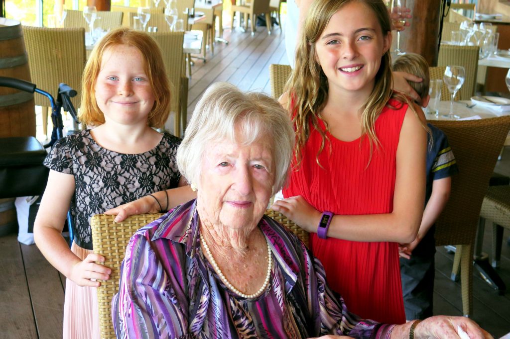 Kathleen Thompson enjoying her 100th Birthday in the Swan Valley with her great grandchildren Zoe Daebritz and Megan Fitt. Photo: Supplied