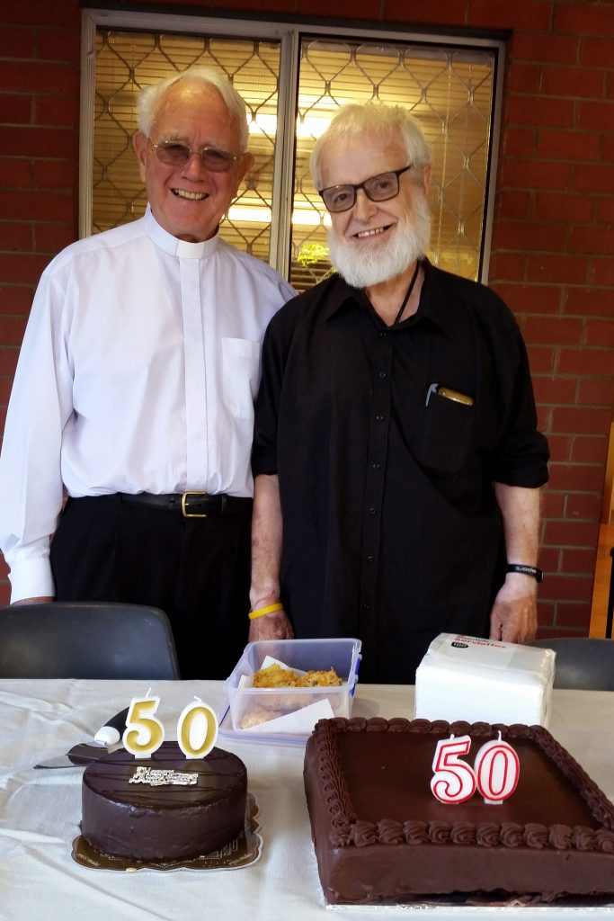Monsignor Keating with Fr Paul Pitzen at his 50th Anniversary celebrations at the Emmanuel Centre on 19 March. Photo: Supplied