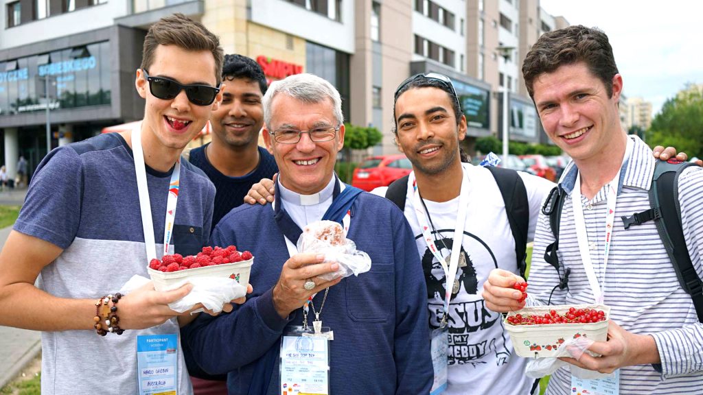 Archbishop Costelloe with pilgrims during last year’s World Youth Day festivities in Poland. Photo: CYM Perth