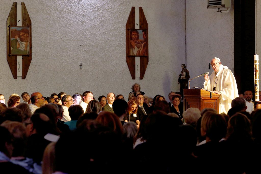 Pope Francis speaks during a visit to the parish of San Pier Damiani May 21 at Casal Bernocchi on the outskirts of Rome. Photo: CNS/Remo Casilli, Reuters. 