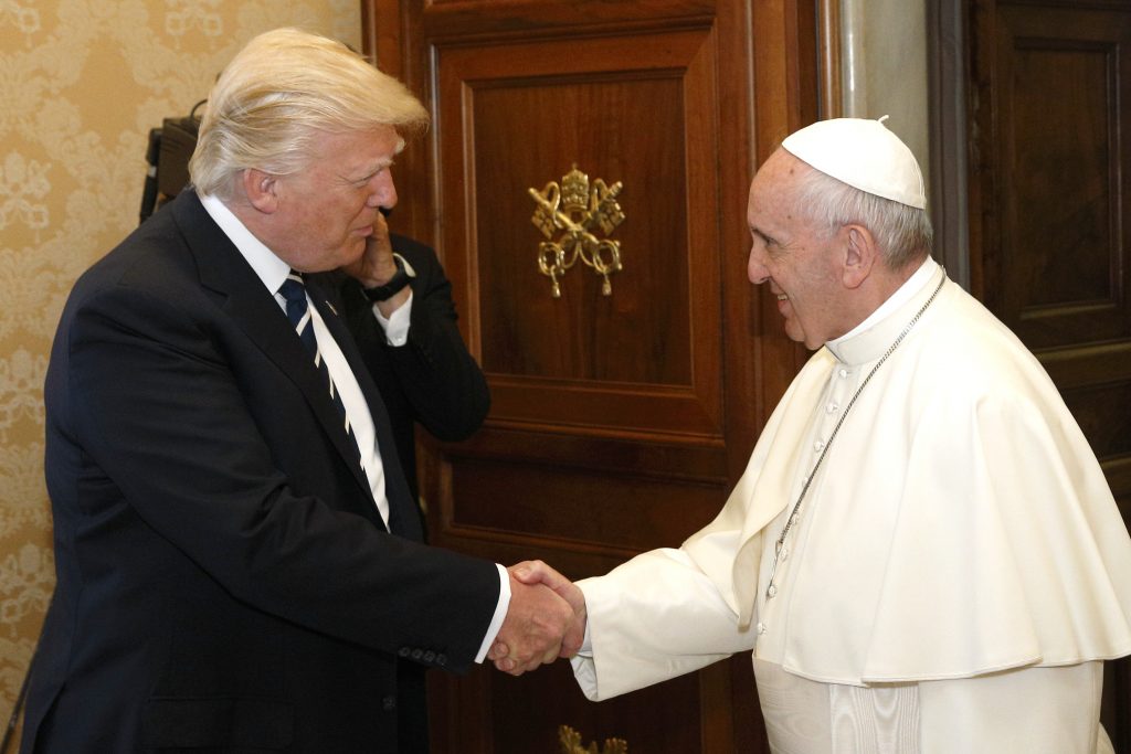 Pope Francis greets US President Donald Trump during a private audience at the Vatican on 24 May. The Holy Father has this week advised the lay faithful never speak, act or make a decision without first listening to the Holy Spirit, who moves troubles and inspires the heart. Photo: CNS/Paul Haring.