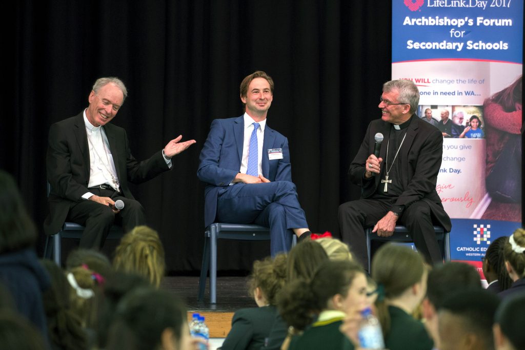 Students also had the opportunity to ask questions to a panel made up of Archbishop Costelloe, Bishop Donald Sproxton and Dr Edward Simons. Photo: Supplied.