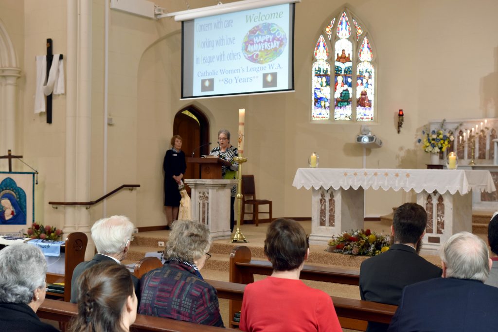 State President, Maria Parkinson and Nedlands President, Betty Ryan welcoming everyone to the 80th Anniversary of the Catholic Women’s League WA (CWL WA) Special Mass and celebration on Saturday, 21 May at Holy Rosary Church Nedlands. Photo Natashya Fernandez.