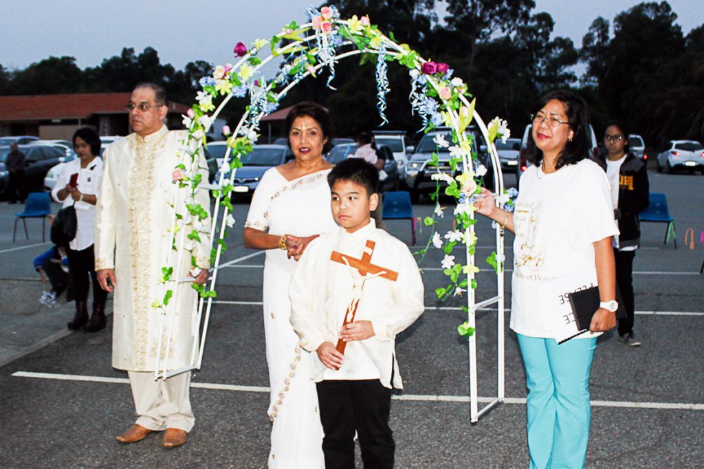 A decorated arch of flowers at the procession for the annual Flores de Mayo festival that is celebrated for the entire month of May at Maida Vale Parish. Photo: Supplied.