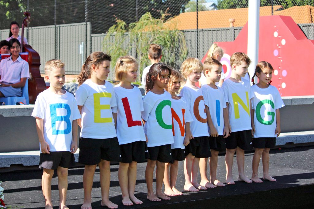 Year one students spelling out the word Belonging from the Early Years Learning Framework to accentuate children’s lives by the three B’s – Belonging, Being, Becoming. Photo: Supplied