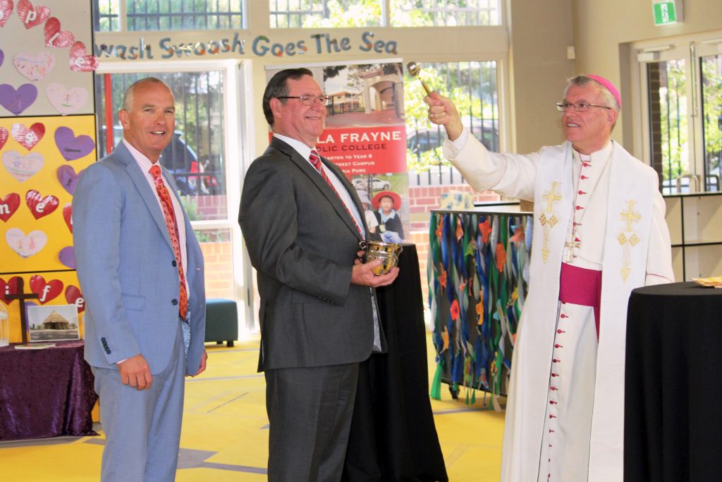 Archbishop Timothy Costelloe blessing the Early Learning Centre with the Principal, Ursula Frayne Catholic College, Mr Geoff Mills, and Director of Catholic Education WA, Dr Timothy McDonald. Photo Supplied