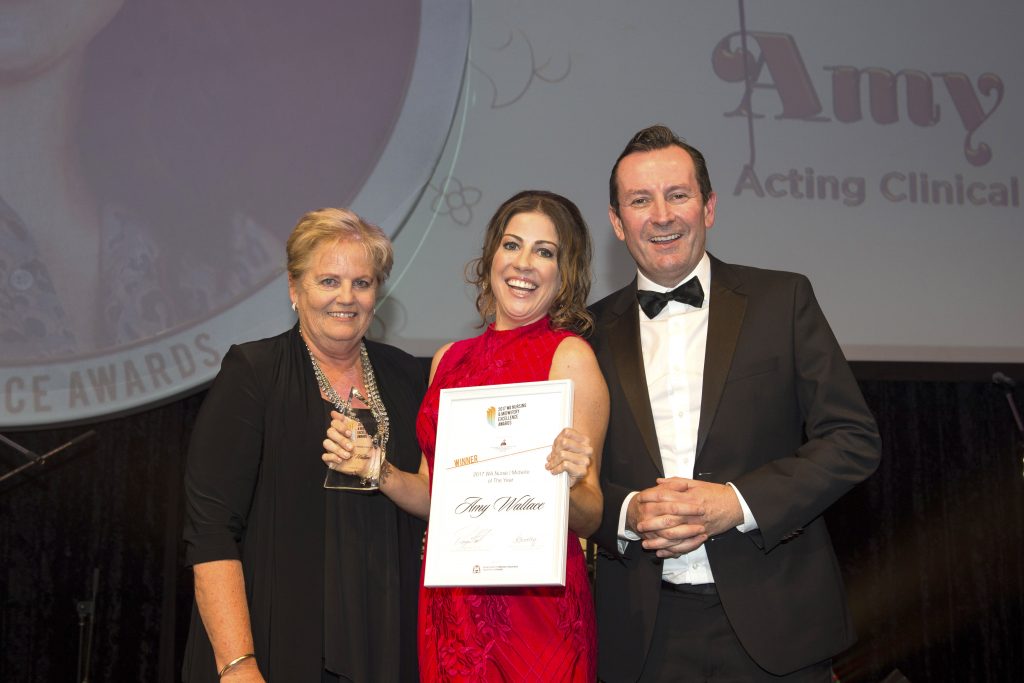 Amy Wallace received the WA Nurse/Midwife of the Year Award at the 2017 Nursing and Midwifery Excellence Awards. Pictured with Gail Milner, Chairman of the WA Nurses Memorial Charitable Trust, and WA Premier Mark McGowan. Photo: Courtney Holloway.