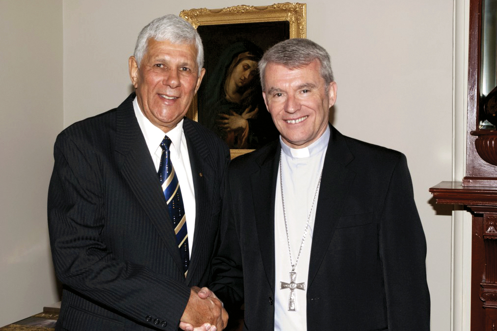 Aboriginal Elder Robert Isaacs met with Archbishop Timothy Costelloe SDB on 22 October 2013 to thank the Church in WA for the support it has given to the Aboriginal community, particularly in education and the handing over of buildings and land to traditional owners. With a larger Aboriginal leadership presence, he says, Aboriginals among the lapsed faithful are more likely to return to church. Photo: Matthew Biddle.
