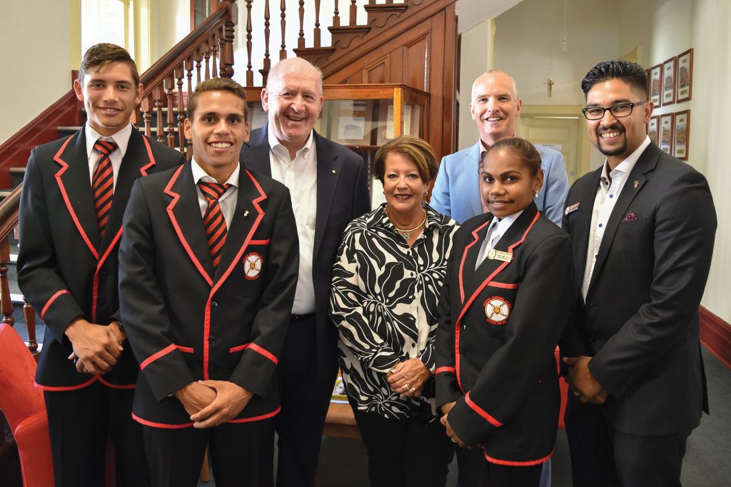 2016 Clontarf Aboriginal College Head Boy Isaac Mann with fellow student, Drew Blurton; His Excellency, the Governor General Sir Peter Cosgrove; his wife, Lady Cosgrove, CEWA Executive Director Dr Tim McDonald, 2016 Head Girl Moesha McCormack and Principal Troy Hayter. Photo: Supplied.