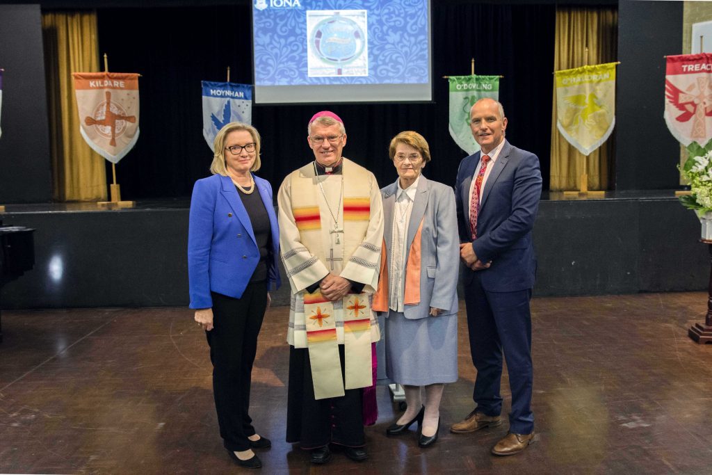 (Left to Right) Principal Anne Pitos with Archbishop Timothy Costelloe, Congregation Leader of the Presentation Sisters in Western Australia, Sr Kathleen Laffan and Executive Director for Catholic Education Western Australia (CEWA), Dr Tim McDonald at the Commemorative Ceremony for the Presentation Sisters on Friday 23 June. Photo: Natashya Fernandez.