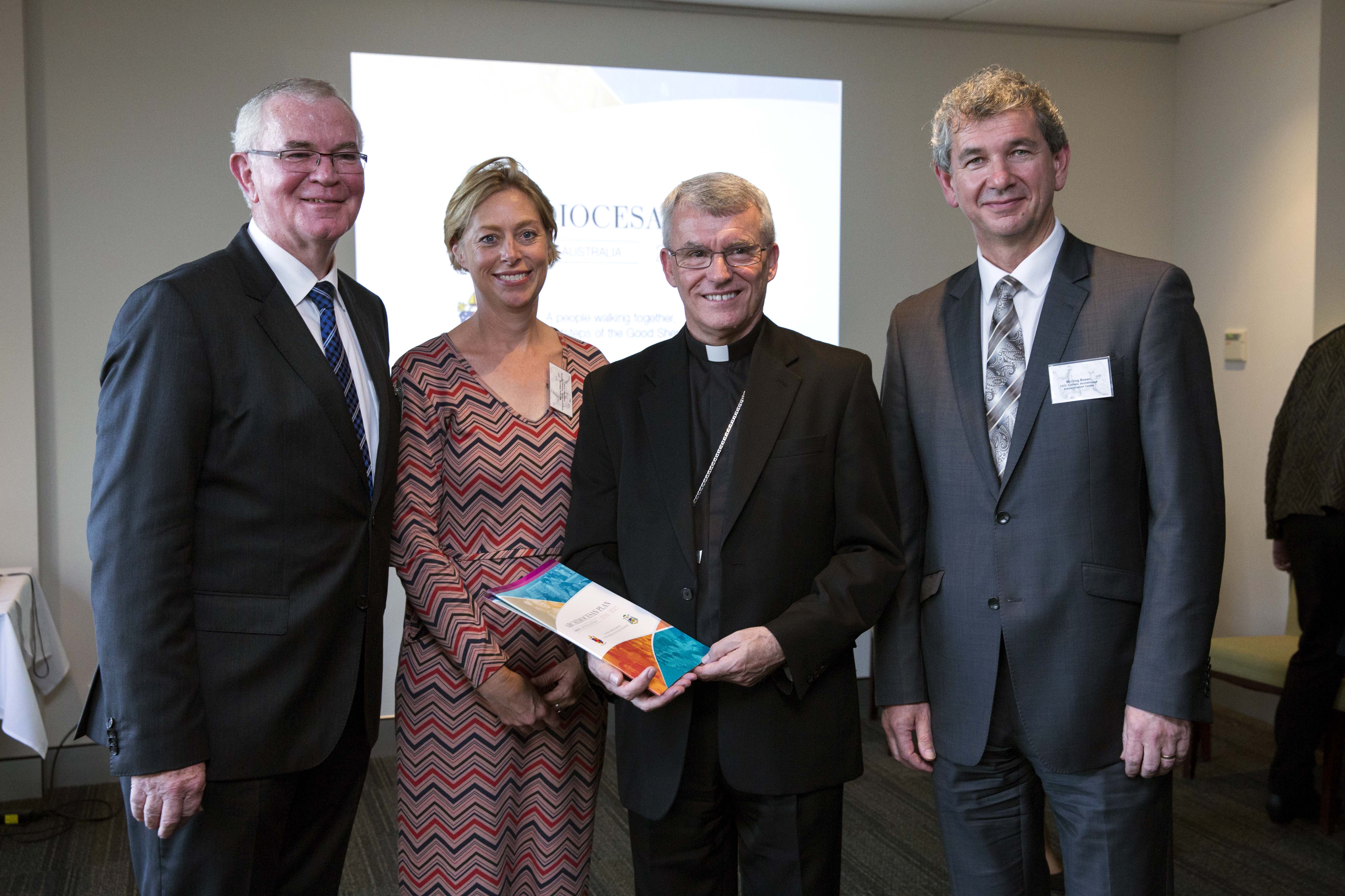The Archdiocesan Plan Co-ordinating Group Chair, Danny Murphy; Executive Officer, Jane Kikeros; Archbishop Timothy Costelloe; and Archdiocese of Perth CEO-Administration, Greg Russo. Photo: Ron Tan.
