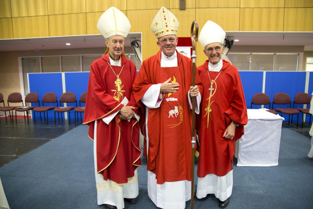 Newly ordained Bishop of Geraldton the Most Rev Michael Morrissey (centre) with Emeritus Archbishop of Perth, Barry Hickey, and Emeritus Bishop Justin Bianchin. Photo: Jamie O’Brien.